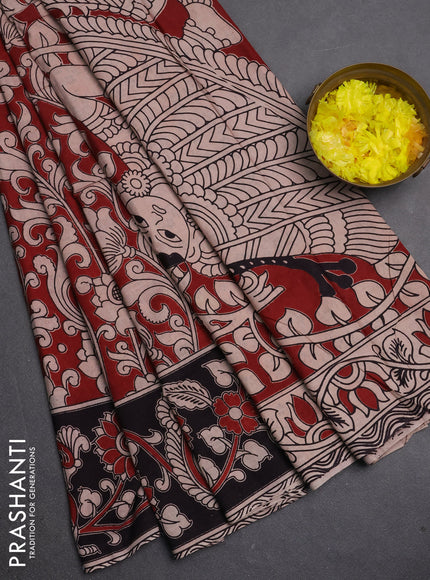 Kalamkari cotton saree maroon and black with allover prints and printed border