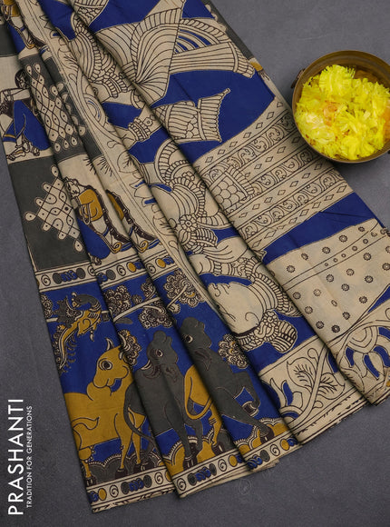 Kalamkari cotton saree grey and blue with allover prints and pichwai printed border