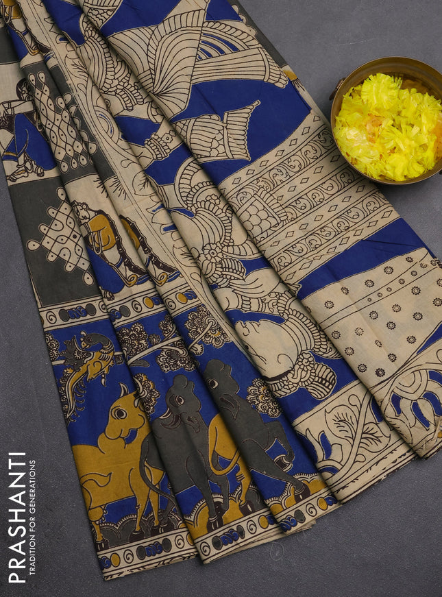 Kalamkari cotton saree grey and blue with allover prints and pichwai printed border
