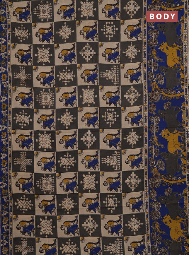 Kalamkari cotton saree grey and blue with allover prints and pichwai printed border