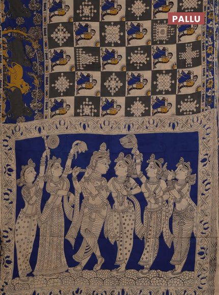 Kalamkari cotton saree grey and blue with allover prints and pichwai printed border