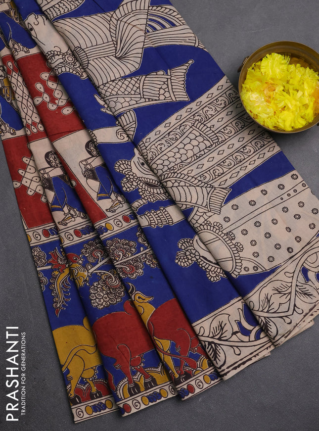 Kalamkari cotton saree beige maroon and blue with allover prints and pichwai printed border