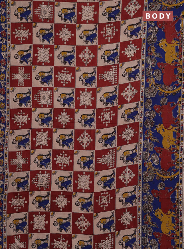 Kalamkari cotton saree beige maroon and blue with allover prints and pichwai printed border
