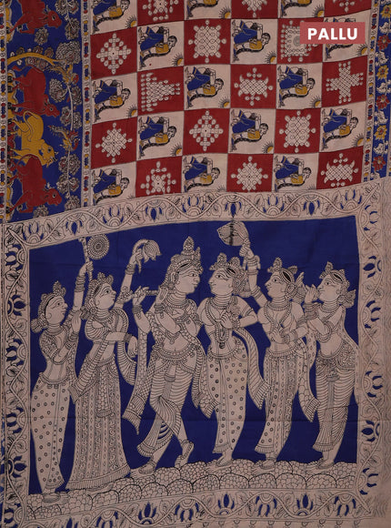 Kalamkari cotton saree beige maroon and blue with allover prints and pichwai printed border
