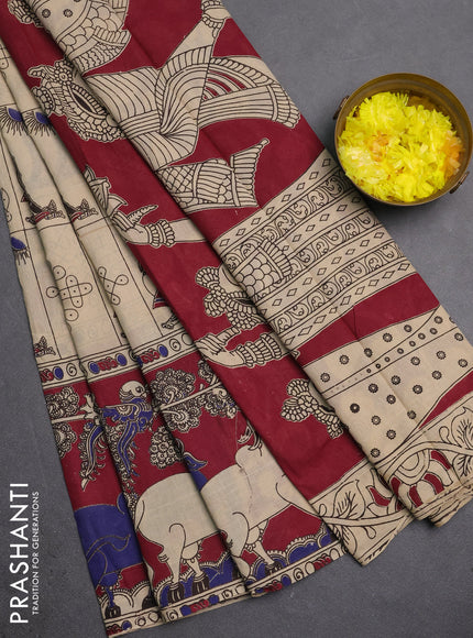 Kalamkari cotton saree beige and wine with allover prints and pichwai printed border
