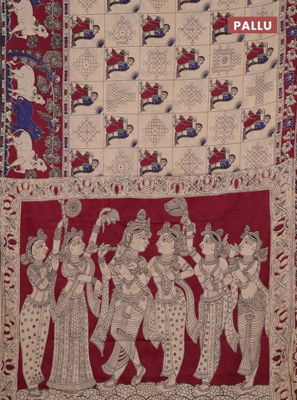 Kalamkari cotton saree beige and wine with allover prints and pichwai printed border