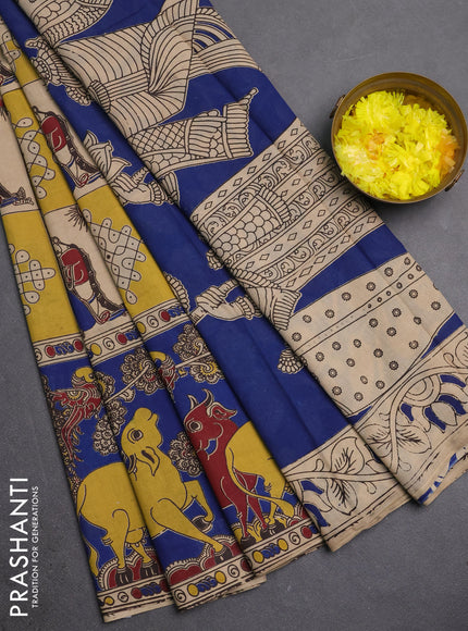 Kalamkari cotton saree beige yellow and blue with allover prints and pichwai printed border