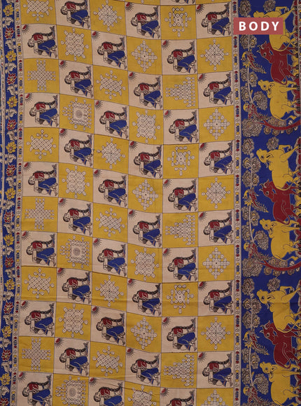 Kalamkari cotton saree beige yellow and blue with allover prints and pichwai printed border