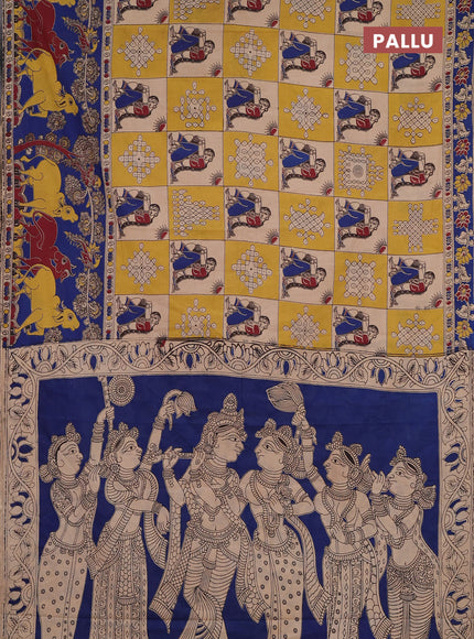 Kalamkari cotton saree beige yellow and blue with allover prints and pichwai printed border