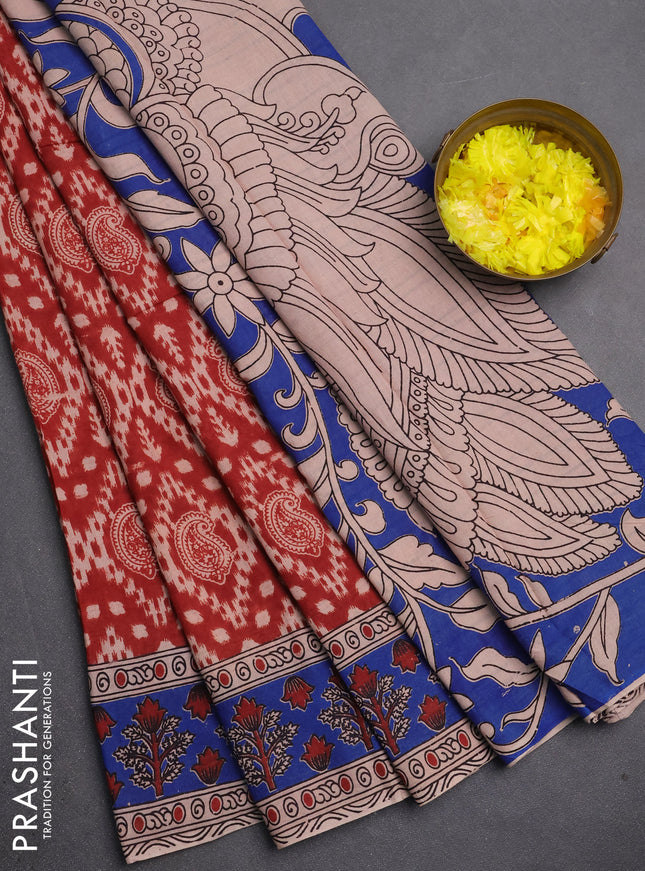 Kalamkari cotton saree maroon and blue with allover prints and printed border