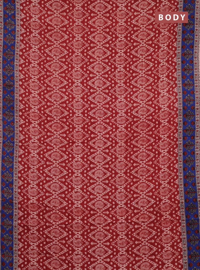 Kalamkari cotton saree maroon and blue with allover prints and printed border