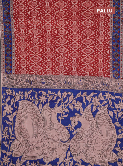 Kalamkari cotton saree maroon and blue with allover prints and printed border