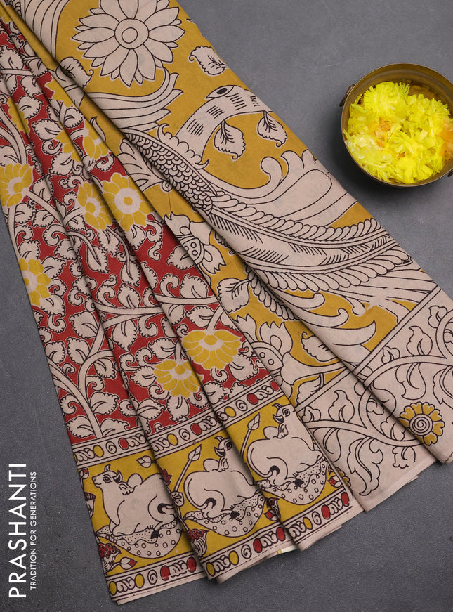 Kalamkari cotton saree brown and yellow with allover prints and pichwai printed border