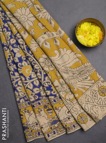 Kalamkari cotton saree blue and yellow with allover prints and pichwai printed border