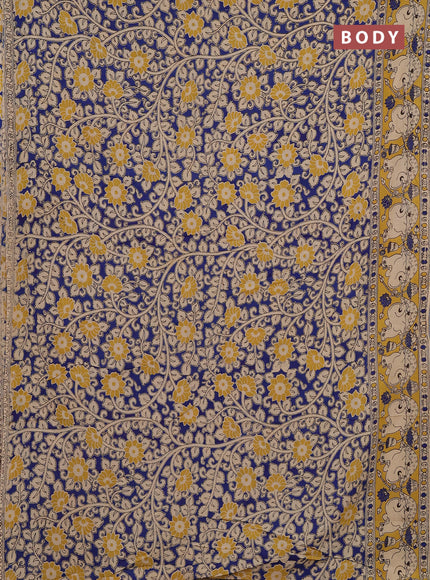 Kalamkari cotton saree blue and yellow with allover prints and pichwai printed border