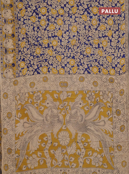Kalamkari cotton saree blue and yellow with allover prints and pichwai printed border