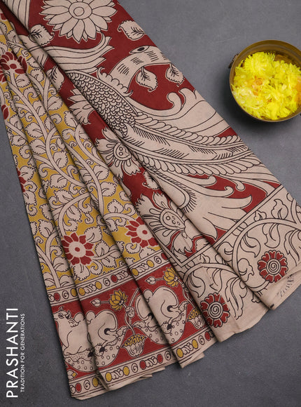 Kalamkari cotton saree yellow and brown with allover prints and pichwai printed border