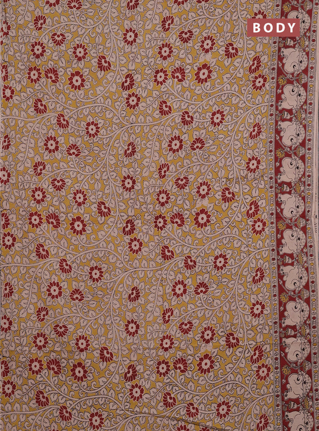 Kalamkari cotton saree yellow and brown with allover prints and pichwai printed border