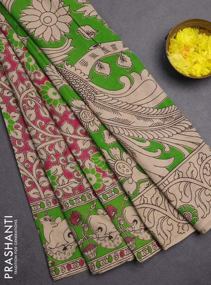 Kalamkari cotton saree pink and green with allover prints and pichwai printed border