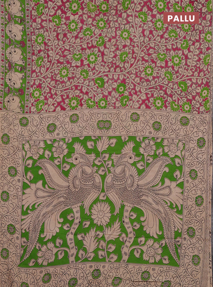 Kalamkari cotton saree pink and green with allover prints and pichwai printed border