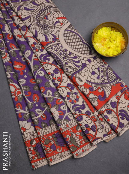 Kalamkari cotton saree lavender and orange with allover prints and printed border