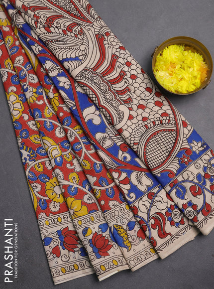 Kalamkari cotton saree rust and beige with allover prints and printed border