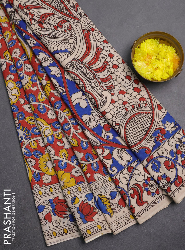 Kalamkari cotton saree rust and beige with allover prints and printed border