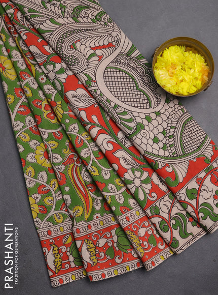 Kalamkari cotton saree green and orange with allover prints and printed border