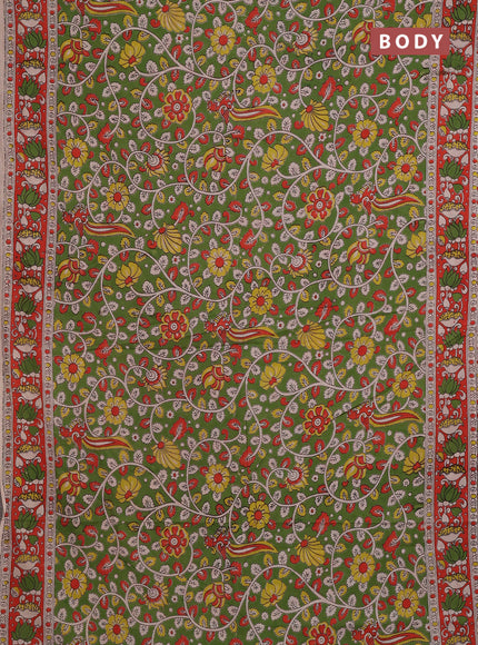 Kalamkari cotton saree green and orange with allover prints and printed border