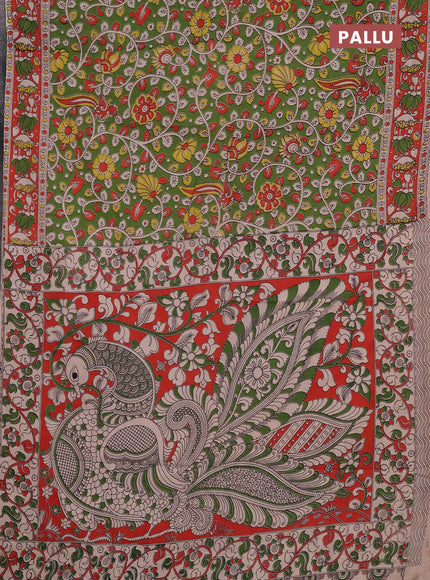 Kalamkari cotton saree green and orange with allover prints and printed border