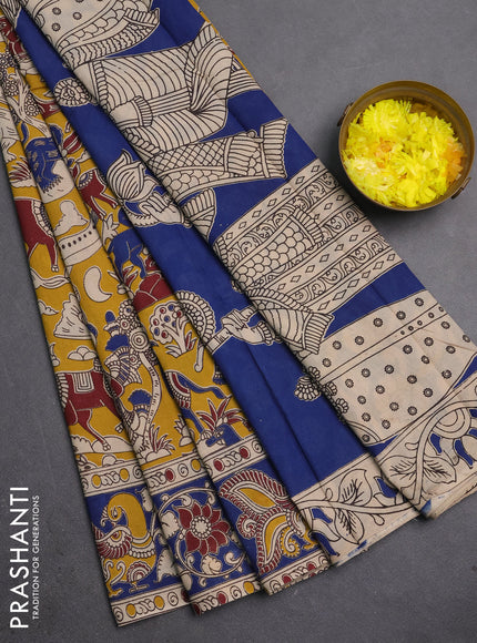Kalamkari cotton saree yellow and blue with allover prints and printed border