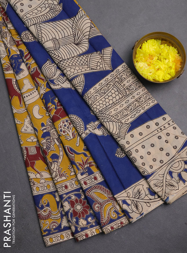 Kalamkari cotton saree yellow and blue with allover prints and printed border