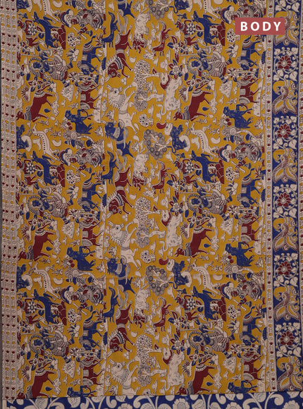 Kalamkari cotton saree yellow and blue with allover prints and printed border