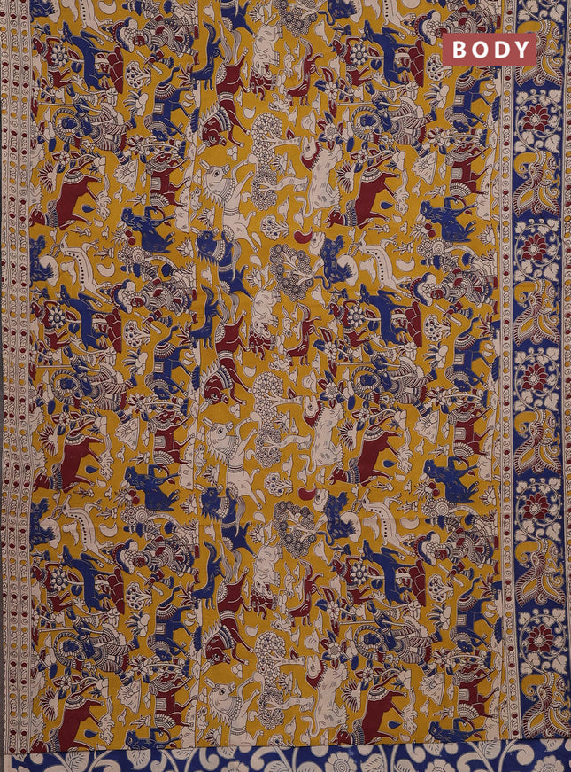Kalamkari cotton saree yellow and blue with allover prints and printed border