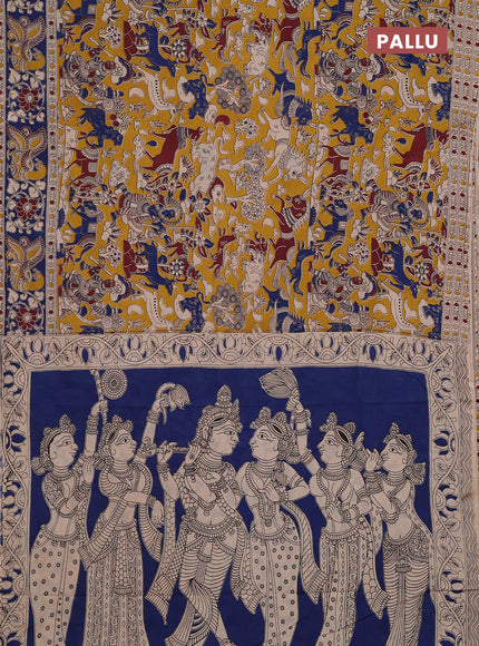 Kalamkari cotton saree yellow and blue with allover prints and printed border
