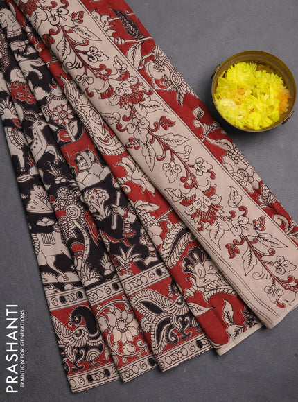 Kalamkari cotton saree black and brown with allover prints and printed border