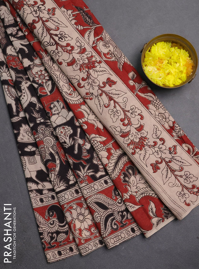Kalamkari cotton saree black and brown with allover prints and printed border