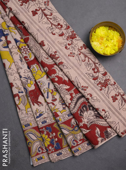 Kalamkari cotton saree beige and maroon with allover prints and printed border
