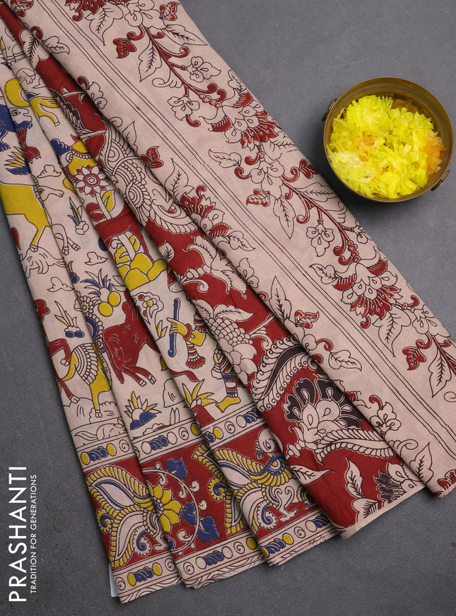 Kalamkari cotton saree beige and maroon with allover prints and printed border