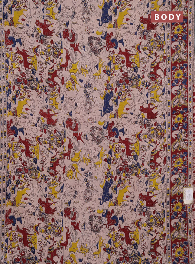 Kalamkari cotton saree beige and maroon with allover prints and printed border