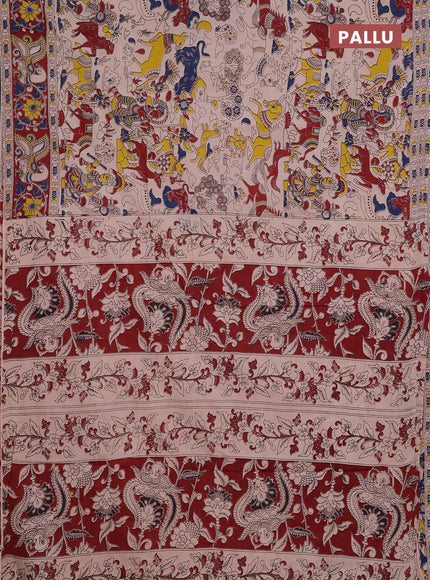 Kalamkari cotton saree beige and maroon with allover prints and printed border
