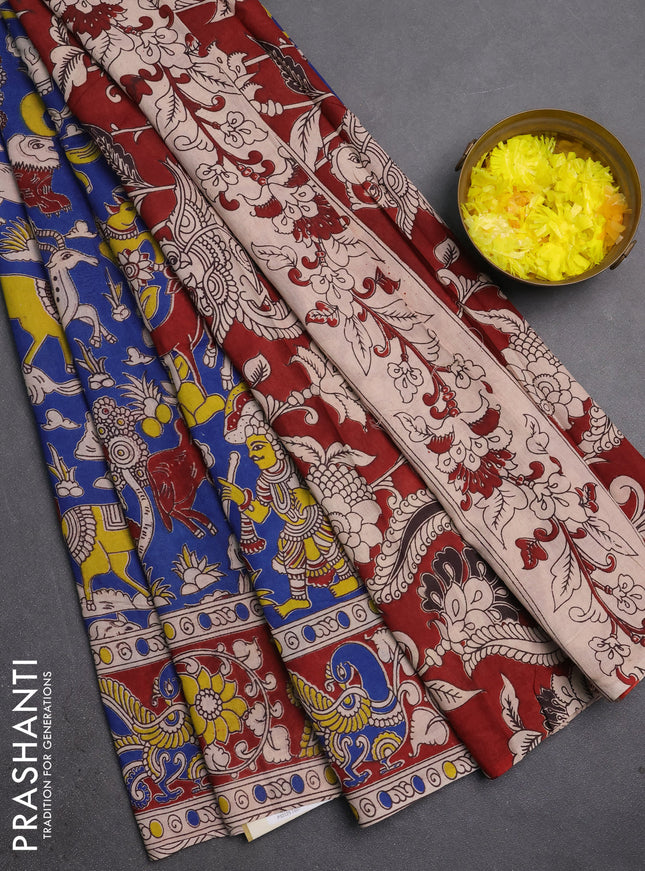 Kalamkari cotton saree blue and maroon with allover prints and printed border