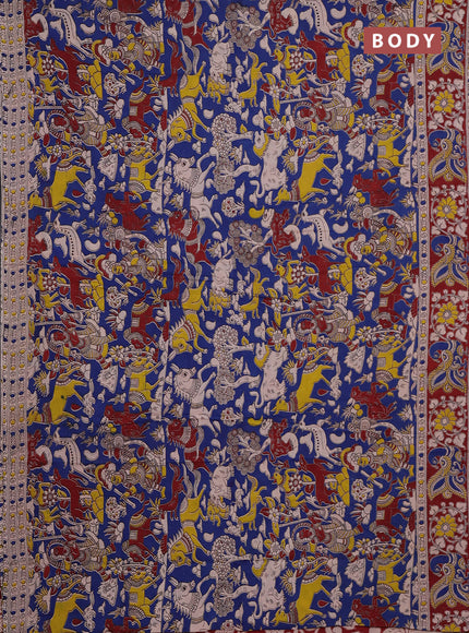 Kalamkari cotton saree blue and maroon with allover prints and printed border