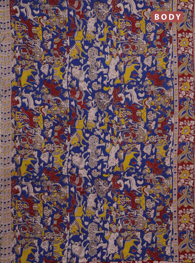 Kalamkari cotton saree blue and maroon with allover prints and printed border