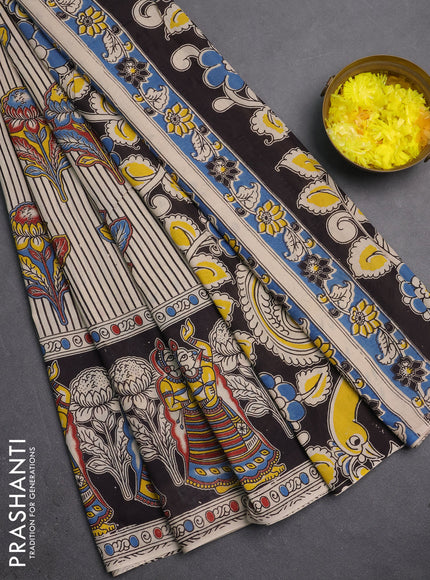Kalamkari cotton saree beige and black with allover butta prints and long printed border
