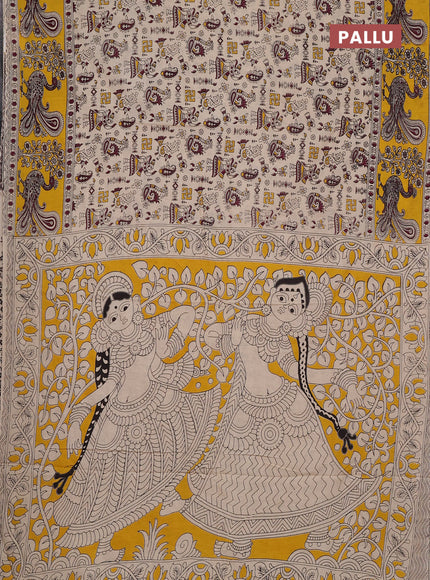 Kalamkari cotton saree beige and yellow with allover prints and long printed border