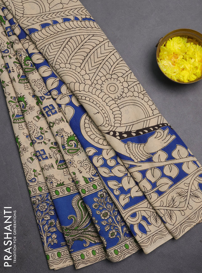 Kalamkari cotton saree beige and blue with allover prints and long printed border