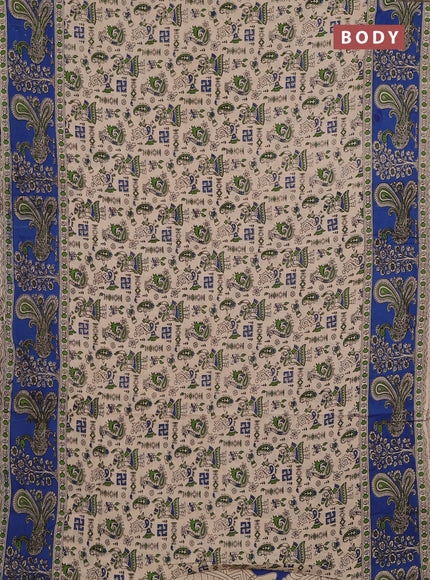 Kalamkari cotton saree beige and blue with allover prints and long printed border