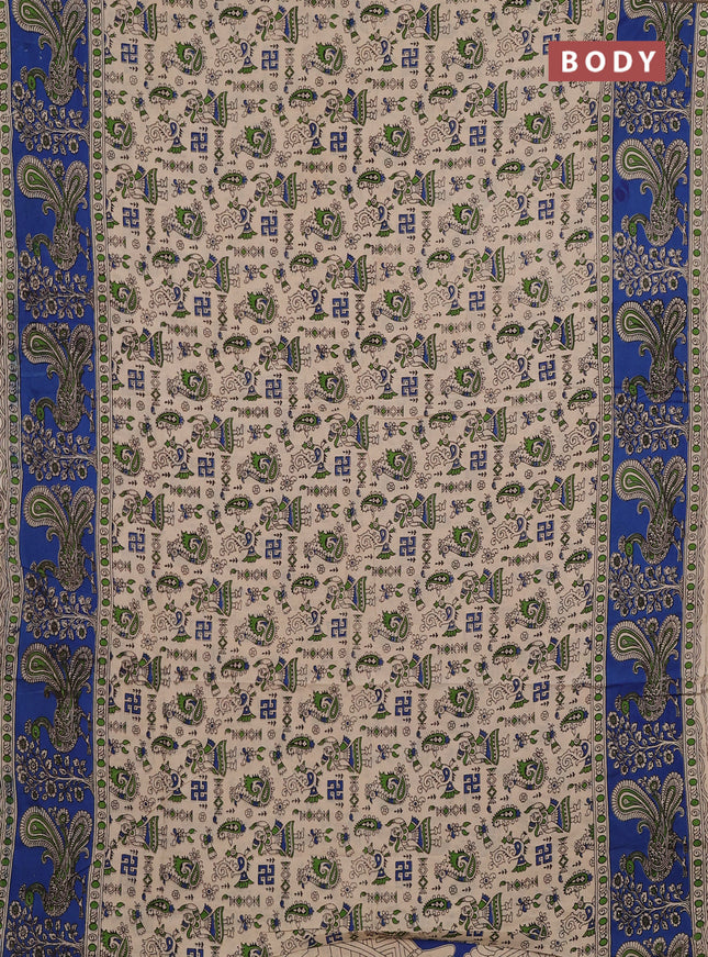 Kalamkari cotton saree beige and blue with allover prints and long printed border