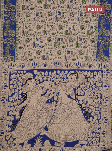 Kalamkari cotton saree beige and blue with allover prints and long printed border